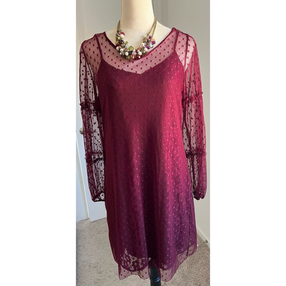 Charlotte Russe Lace Sheath and Polka Dot Mesh Wine Maroon Long Sleeve Dress L‎ - Picture 3 of 13